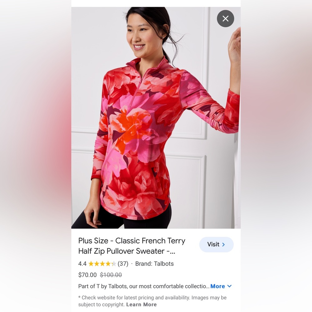 T by TALBOTS Sweatshirt Womens
Pullover 1/4 Zip Kangaroo Pocket
Floral print
